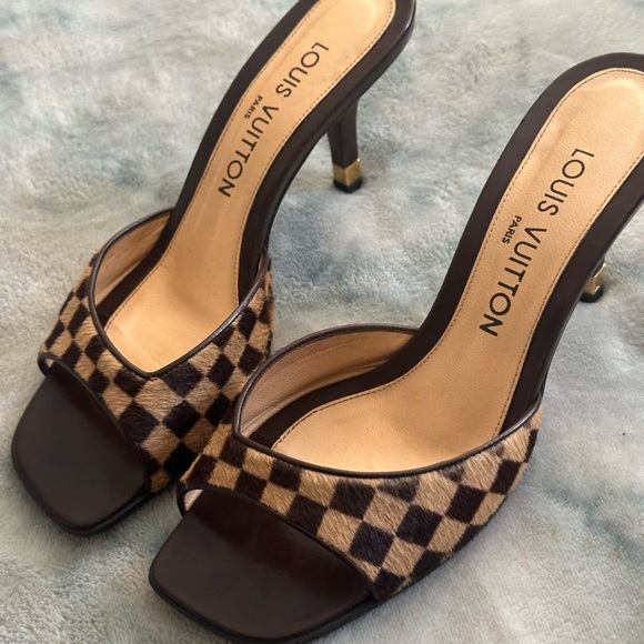 VINTAGE LOUIS VUITTON DAMIER EBENE PONY HAIR MULE SLIDE HEELS SIZE 6.5 - Picture 2 of 10